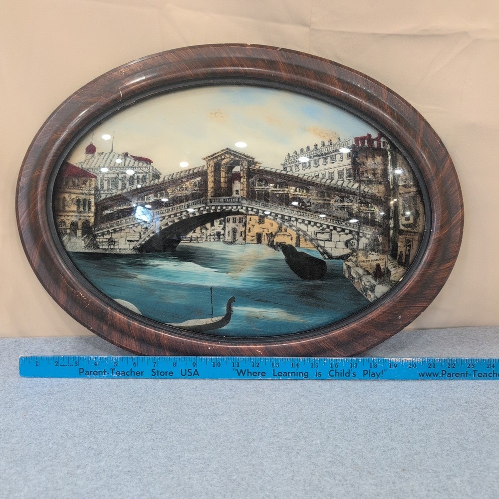 Antique Reverse Glass Scene Rialto Bridge Venice Italy Bubble Glass Oval Frame - Picture 3 of 4